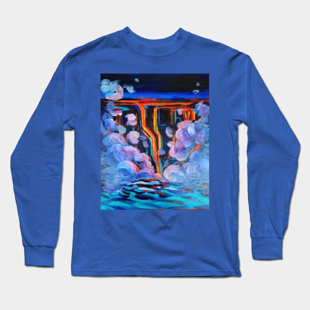 Lava Flowing Into The Ocean At Night Long Sleeve T-Shirt by CozyPixelFluff